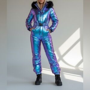 Dolls Kill Iridescent Metallic Blue-Purple Ski Jumpsuit with Black Fur Trim